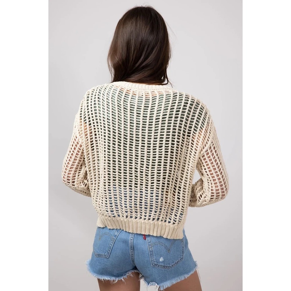 Aaron &‎ Amber Crochet Long Sleeve Sweater M Beige Neutral Boho Chic Cottagecore - Picture 2 of 10